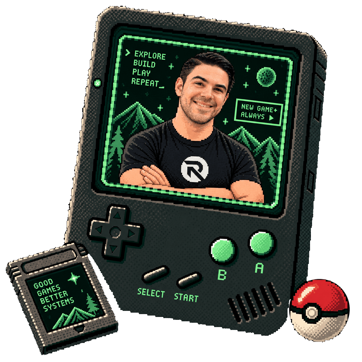 Pixel-art handheld console showing a portrait of Jake Love on its screen — opens riftloom.io